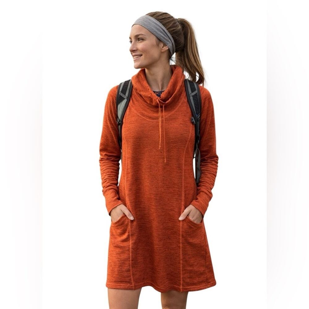 Kuhl LÉA Dress Cowl Neck Drawcord Thumb Holes Pocket Rust Brown Size S